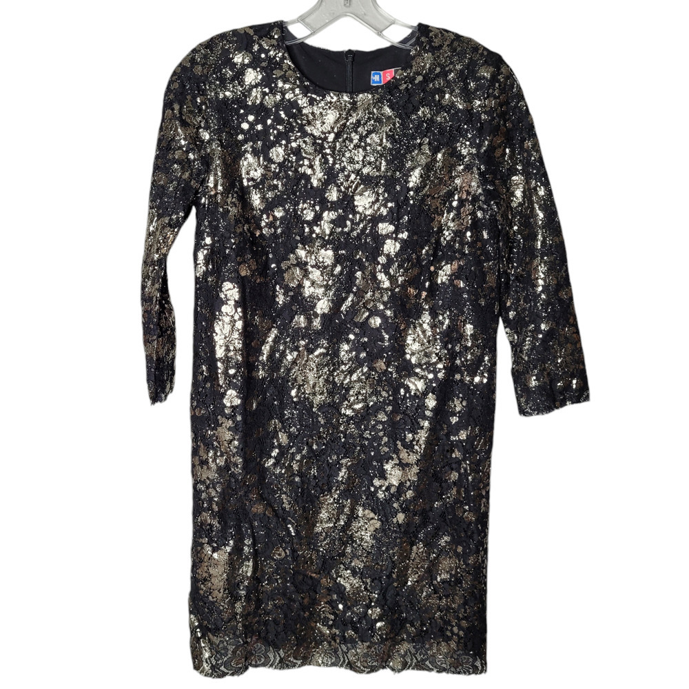 MSGM Womens Size 40 Sm Mini Dress Long Sleeve Floral Lace Back Zip Black Gold